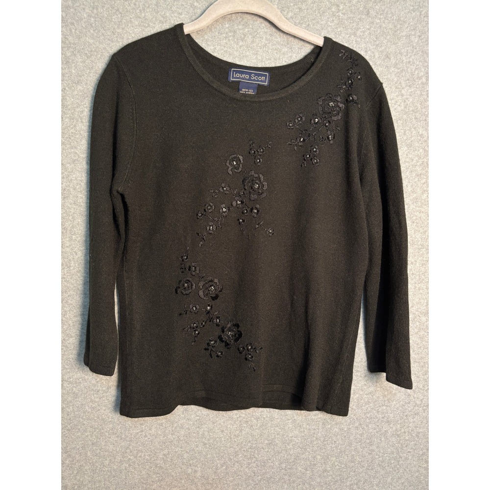 Vintage Laura Scott Women's Black Beaded Floral Sweater Medium 10 12 Cottagecore
